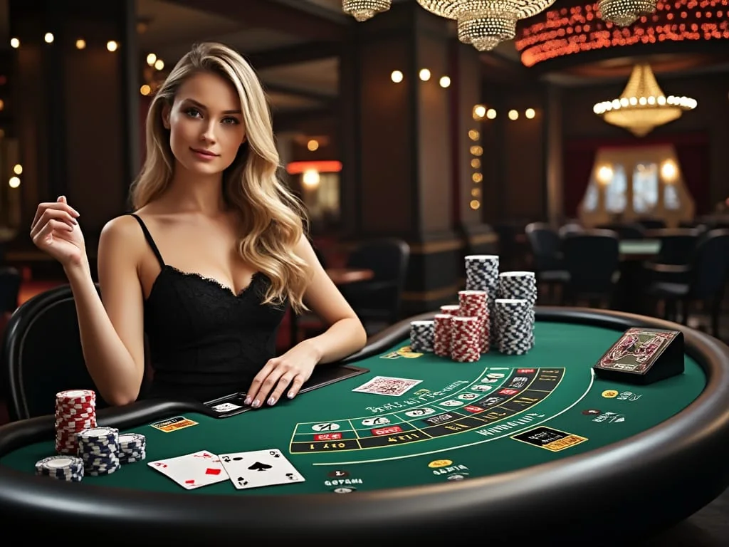 Tampilan meja kasino live dengan dealer di DUNIA777